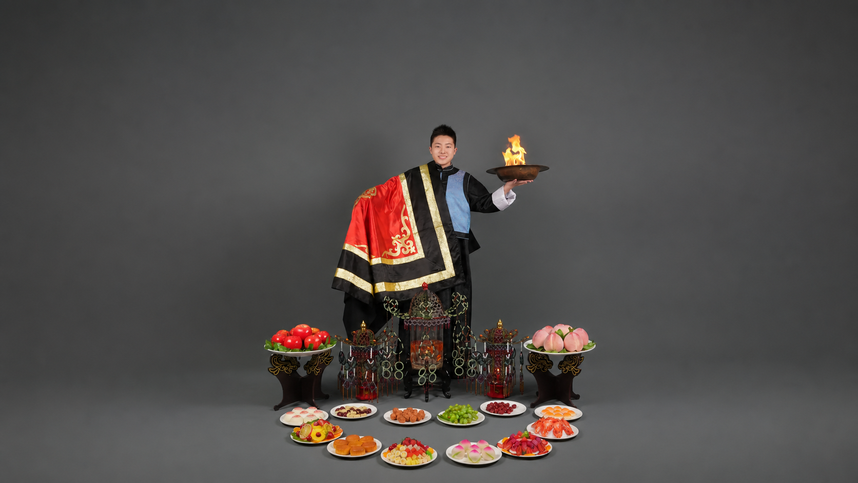 Austin Zann performing Chinese Conjuring, surrounded by traditional stage props and holding a flaming basin